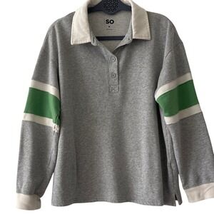 SO Women's Gray Rugby Polo with Green and Ivory Stripes Medium
